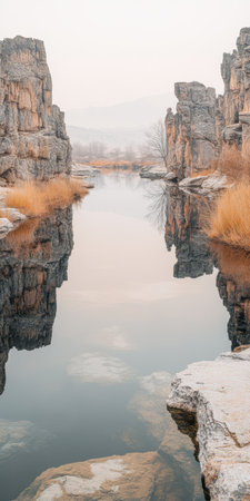 Calm water reflects towering cliffs and stark vegetation in a peaceful riverside setting at dawn. Soft light enhances the natural serenity of the scene.の素材
