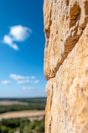 Textured stone wall is shown up close highlighting its natural patterns. A vibrant blue sky with scattered clouds enhances the backdrop of rolling fields and distant greenery.の素材