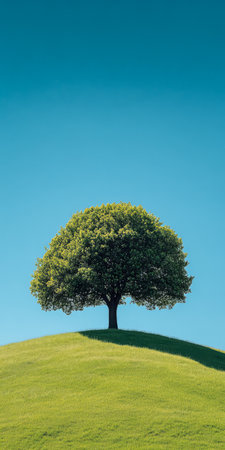 A solitary green tree stands prominently atop a gentle rolling hill covered in lush grass. The bright blue sky enhances the tranquility of this peaceful outdoor setting.の素材