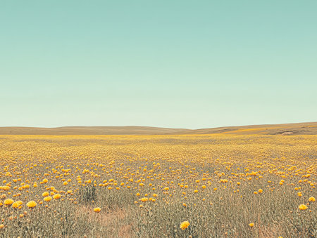 A vast landscape is filled with blooming yellow flowers extending to the horizon. The clear blue sky enhances the beauty of this serene spring environment creating a peaceful atmosphere.の素材