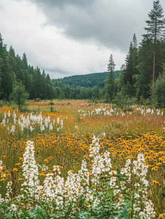 A colorful meadow filled with wildflowers displays bright yellows and whites against a backdrop of lush greenery. The tranquil scene is set in a forested area with rolling hills.の素材