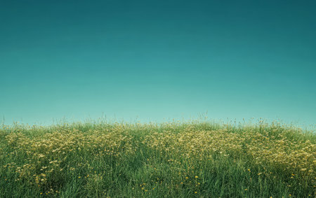 A vibrant field filled with yellow flowers and lush green grass stretches under a bright blue sky. The scene captures the essence of a sunny day evoking serenity and natural beauty.の素材