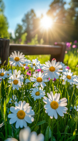 Bright white daisies are scattered across a lush green field basking in warm sunlight during a spring afternoon. The scene captures the vibrant colors of nature in full bloom.の素材