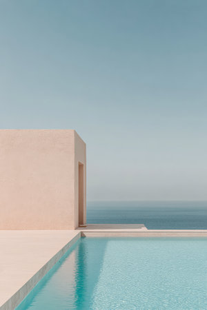A sleek modern structure stands beside a pristine pool reflecting the clear blue sky and endless ocean. The minimalist design creates a peaceful atmosphere perfect for relaxation.の素材