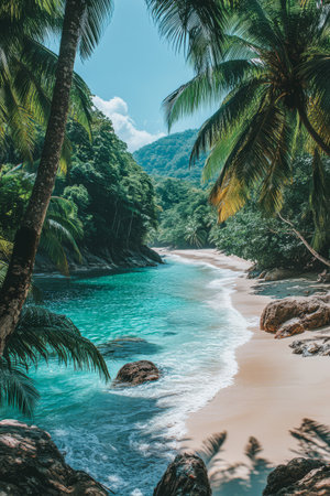 A tranquil beach showcases clear turquoise water lapping against golden sand surrounded by lush green palm trees. The bright sun illuminates the serene landscape creating a peaceful atmosphere.の素材