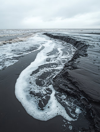 Swells roll onto a dark sandy beach creating white foam as the water recedes. The sky is overcast enhancing the moody atmosphere of the coastal landscape.の素材