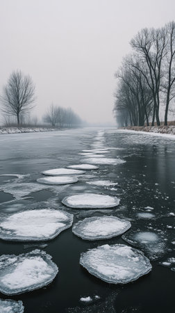 A quiet winter morning reveals large circular ice formations on a partially frozen river. Trees line the riverbank shrouded in mist creating a serene atmosphere.の素材