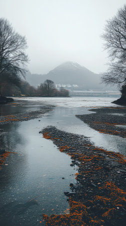 A tranquil river meanders through a rocky landscape surrounded by leafless trees and misty mountains.の素材