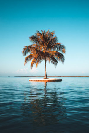 A solitary palm tree stands tall on a small circular island surrounded by tranquil blue water. The scene captures a serene moment with bright sunlight and clear skies reflecting on the surface.の素材