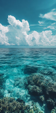 Calm ocean waters display vibrant turquoise hues beneath scattered fluffy clouds. The sun illuminates the sea creating a serene atmosphere on a beautiful day.の素材