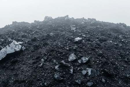 A large mound of black volcanic rock dominates the landscape enveloped in mist. The rough texture and jagged shapes of the stones are highlighted creating a mysterious atmosphere.の素材