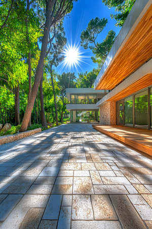 A contemporary building with expansive glass windows is surrounded by lush greenery. The sun shines brightly in the clear sky casting playful shadows on the stone pathway leading to the structure.の素材