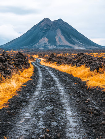 A winding dirt road traverses a barren volcanic landscape leading to a prominent mountain with dark slopes. Dry grass contrasts with the rocky terrain showcasing nature's raw beauty.の素材