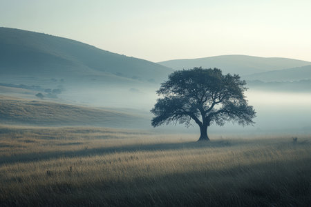 A solitary tree stands amidst a tranquil landscape shrouded in morning mist. Rolling hills create a peaceful backdrop enhancing the serene atmosphere of the early day.の素材