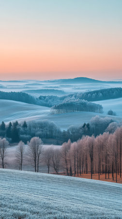 Frost covers the rolling hills and trees as the sun rises casting a soft glow on the serene winter landscape. Layers of mist add to the peaceful ambiance of the early morning.の素材
