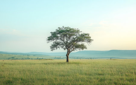 A solitary tree rises from the vibrant green grass of a wide open field at dawn. Soft sunlight illuminates the landscape creating a serene atmosphere in nature.の素材