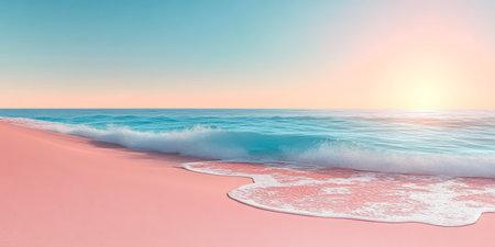 Soft pastel hues fill the sky as the sun rises casting a warm light over a serene pink sand beach. Gentle waves lap at the shore creating a peaceful atmosphere.の素材