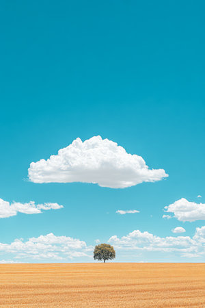 A vast golden field stretches to the horizon featuring a solitary tree at its center contrasting beautifully against a clear blue sky adorned with fluffy white clouds.の素材