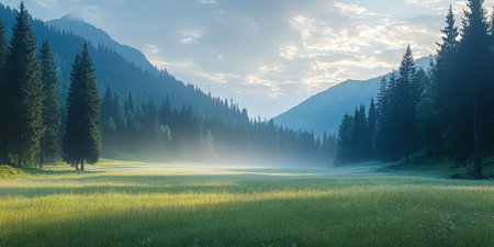 Morning light unveils a tranquil valley shrouded in mist framed by towering trees and majestic mountains. The peaceful landscape invites exploration in its serene beauty.の素材