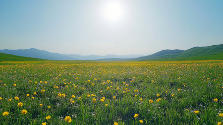 A vast field filled with vibrant yellow flowers stretches out under a bright sun in a clear blue sky. Lush green grass surrounds the blossoms creating a peaceful natural landscape.の素材
