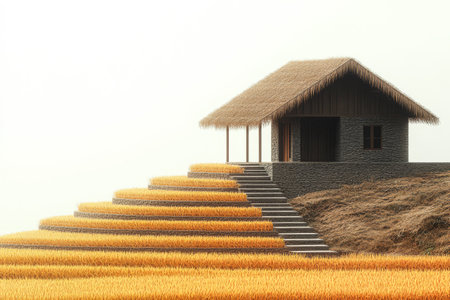 A charming house with a thatched roof stands on terraced fields of golden rice. The tranquil setting captures the essence of harvest season in a serene landscape.の素材