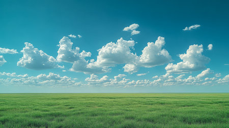 A vast green field stretches under a brilliant blue sky adorned with fluffy white clouds. The scene captures the tranquility of nature on a clear sunny day.の素材