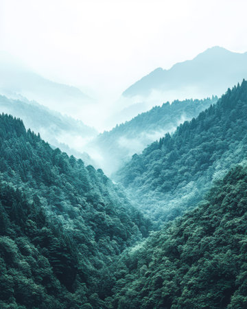 Towering mountains covered in dense greenery rise above a tranquil valley shrouded in gentle mist. The scene conveys peacefulness and the beauty of untouched nature in the early morning.の素材