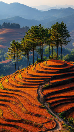 Golden sunlight casts a warm glow on terraced fields highlighting the intricate patterns of cultivation. Lush green trees stand tall amidst the vibrant landscape during dusk.の素材