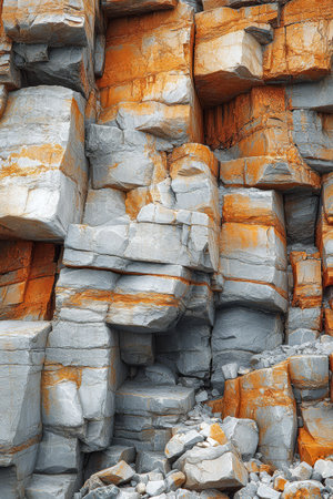 Striking rock formations consist of layered gray and bright orange stones showcasing erosion patterns and mineral deposits along a coastal landscape during daylight.の素材