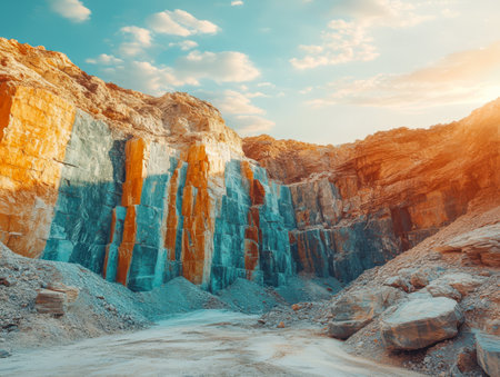 Vibrant rock formations rise dramatically in a quarry showcasing a spectrum of colors. The golden sunlight highlights the textures of the stones against a serene sky.の素材