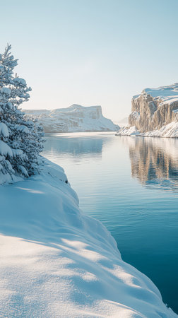 Snow blankets the cliffs and shoreline as clear water mirrors the icy landscape under a bright sky. The tranquil scene captures the serene beauty of winter nature.の素材