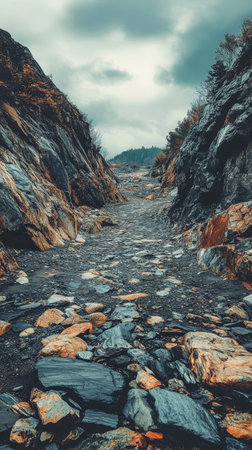 A rocky pathway winds through steep cliffs showcasing colorful stones along the ground. Overcast skies add a dramatic atmosphere to this isolated and rugged landscape.の素材
