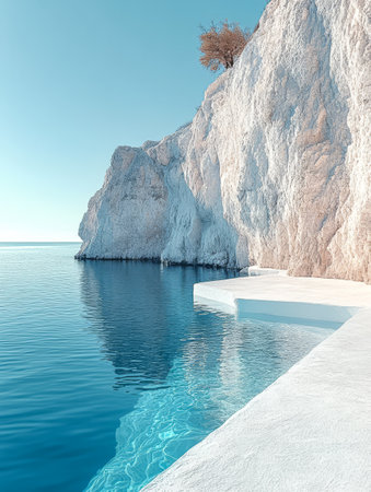 Crystal clear water reflects bright sunlight near stunning cliffs. A peaceful white terrace meets the shimmering sea creating a perfect spot for relaxation and contemplation.の素材