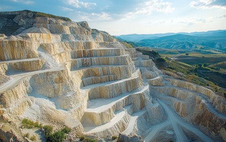 The bright sky illuminates a vast quarry with terraced layers of stone. Rolling hills in the background create a scenic blend of nature's beauty and human industry during late afternoon.の素材