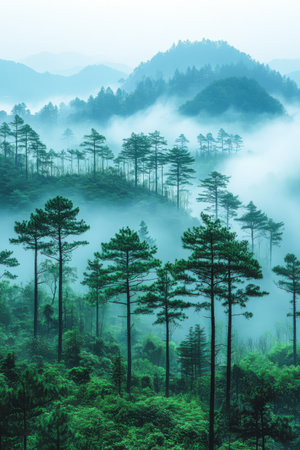 Tall pine trees rise majestically from rolling hills cloaked in soft mist during early morning hours. The serene atmosphere invites a sense of calm and tranquility within nature.の素材