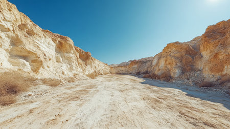 Rocky formations rise on either side of a dry sandy path under an expansive blue sky. The scene captures the desolate beauty of a desert area with minimal vegetation.の素材