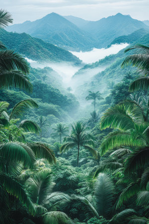 Dense green foliage covers the mountainous landscape with mist weaving through the valleys. Palm trees tower high enhancing the tropical atmosphere in a serene environment.の素材