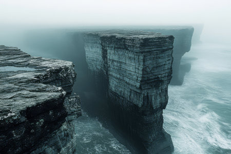 Towering cliffs emerge from a shrouded sea with waves crashing against the rocky formations. The fog creates a mystical atmosphere along the rugged coastline evoking a sense of solitude.の素材