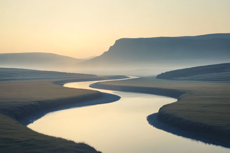 A winding river flows gently through a landscape at dawn. Mist rises from the water as the sun begins to illuminate the hills in the background creating a peaceful atmosphere.の素材