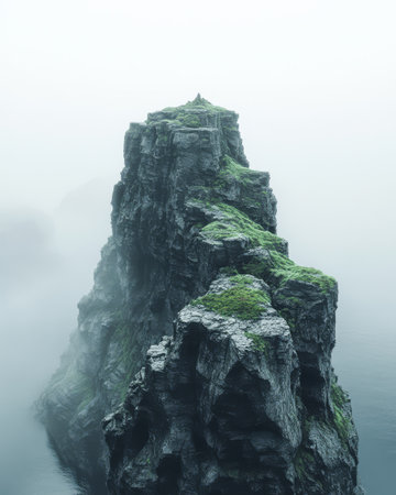 Towering cliffs covered in lush green moss emerge from a dense fog over calm ocean waters creating a tranquil and mysterious atmosphere along the coastline.の素材