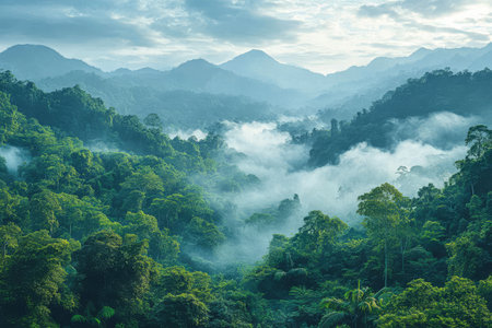A vibrant rainforest stretches across the valley enveloped in a thick layer of mist. Tall trees tower above while distant mountains loom under a soft morning light creating a serene atmosphere.の素材