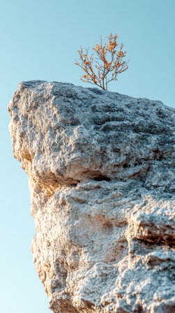 A rocky outcrop towers against a blue sky featuring a small tree with delicate leaves at its peak. The contrast between the rough stone and the fragile plant highlights nature's resilience.の素材