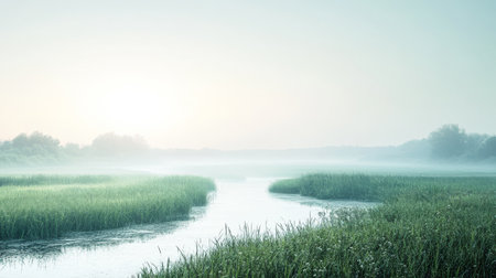 A serene river meanders through lush green grass under a soft misty morning sky. The sun rises gently illuminating the peaceful landscape and creating a calming atmosphere.の素材