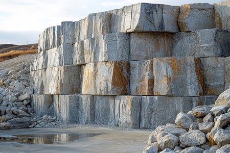 Large gray rock formations are stacked within a natural stone quarry. The setting sun casts a warm glow on the rugged landscape highlighting the textures and patterns of the stones.の素材