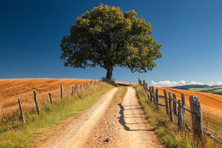 A winding dirt road surrounded by golden fields leads to a lone tree standing tall against the vivid blue sky. The scene captures the tranquility of rural nature with vibrant colors.の素材