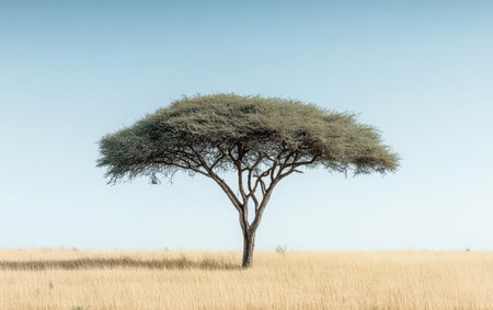 A lone acacia tree rises gracefully in an expansive grassland surrounded by golden grasses under a serene blue sky. The scene captures the essence of nature's beauty and tranquility.の素材