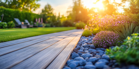 A beautifully designed garden pathway made of wooden planks is bordered by colorful flowers and smooth stones. The warm glow of the sunset enhances the tranquil atmosphere of the outdoor space.の素材