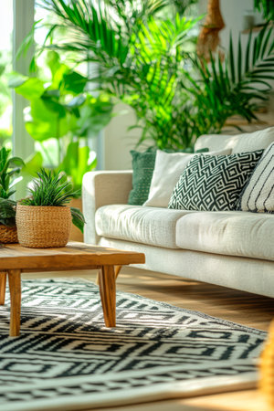 Bright living room features a comfortable couch adorned with patterned cushions a wooden coffee table and vibrant indoor plants. Natural light enhances the inviting ambiance and decor.の素材
