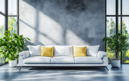 A stylish white sofa adorned with yellow cushions is positioned in a bright airy room featuring large windows. Lush green plants add a touch of nature to the contemporary decor.の素材