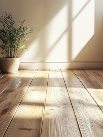 Sunlight streams through a window creating a pattern on the wooden floor. A green plant sits in a pot adding a touch of nature to the serene indoor space.の素材